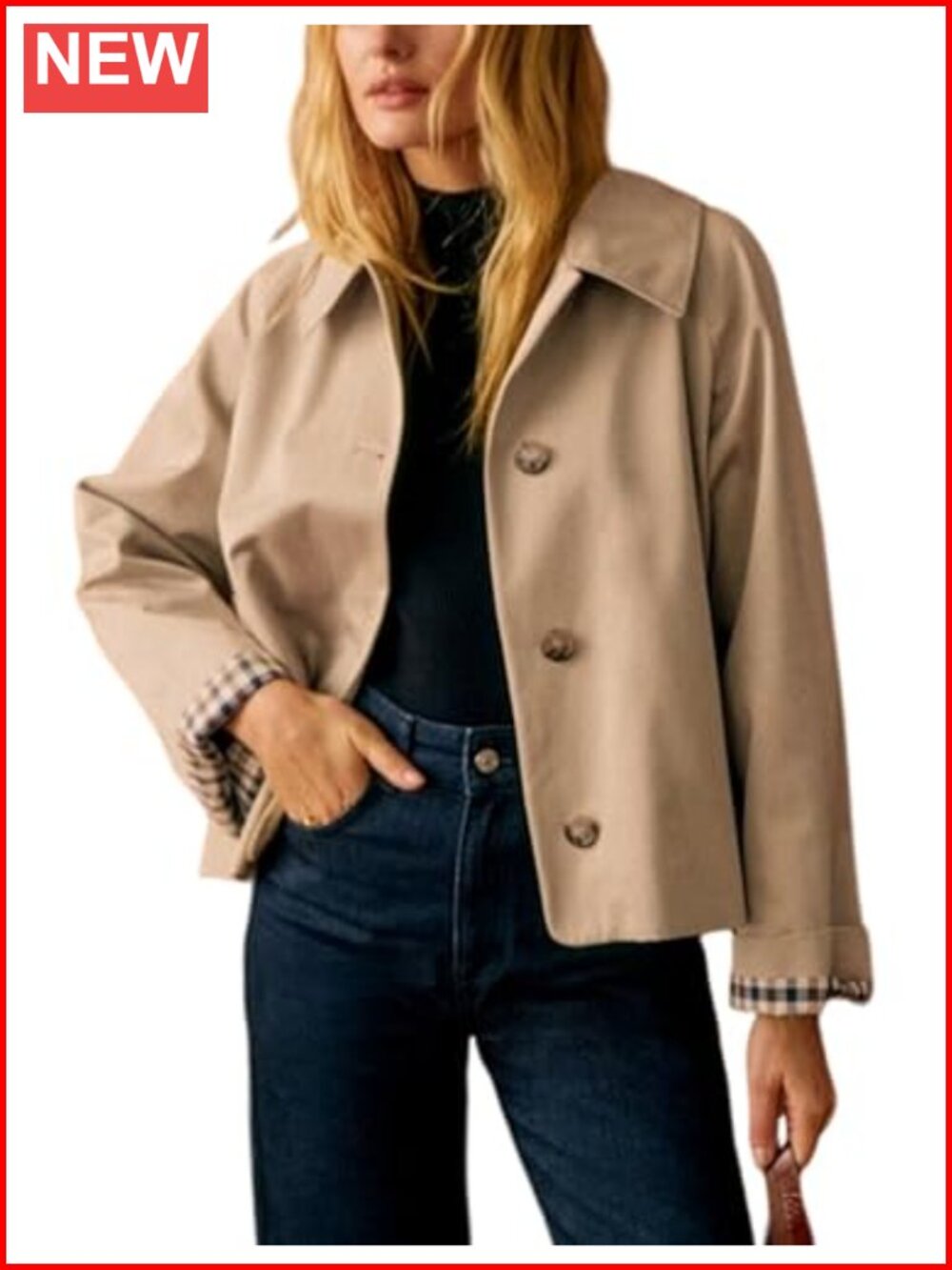 Oversize Trench Coat Plaid Lining Casual Crop Jacket